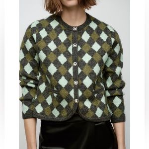 Zara ARGYLE KNIT JACQUARD CARDIGAN